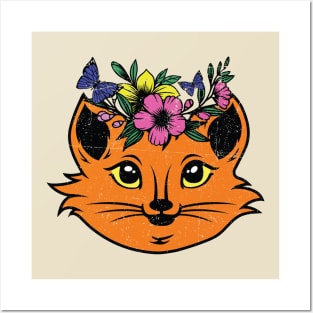 Vintage Style Cute Floral Cat Posters and Art